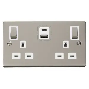 Pearl Nickel 2 Gang 13A DP Ingot Type A & C USB Twin Double Switched Plug Socket - White Trim - SE Home