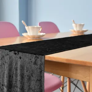 Neel Blue Crushed Velvet Table Runner, Black - 33cm x 274cm