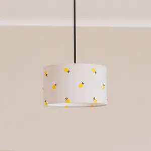 ValueLights Brae Natural White Fabric Lemon Embroidered Small Drum Lamp Shade with LED Bulb