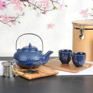 Oriental Hobnail Stoneware Teapot and 2 Cups Azure Blue