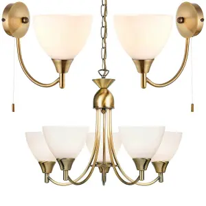 5 Lamp Ceiling & 2x Wall Light Pack Antique Brass Glass Matching Indoor Fittings