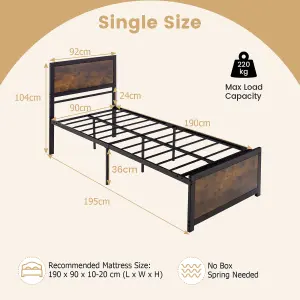 Costway Single Size Bed Frame Heavy-duty Industrial Metal Platform Bed w/High Headboard