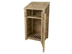 Wooden log store with door and kindling shelf W-99cm, H-180cm, D-88cm - natural (light green) finish