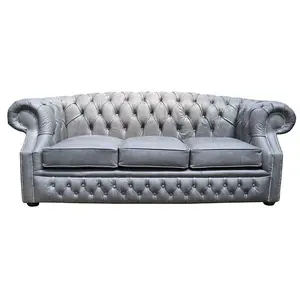 Chesterfield 3 Seater Sofa Cracked Wax Ash Grey Leather In Buckingham Style