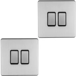 2 PACK 2 Gang Single Light Switch SCREWLESS SATIN STEEL 2 Way 10A Slim Rocker