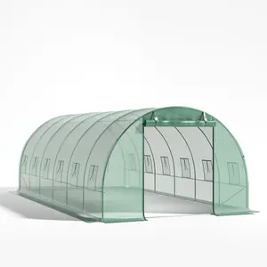 Green Walk In Steel Frame Garden Tunnel Greenhouse with Roll Up Door Windows, 6x3x2M