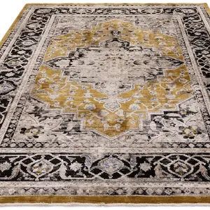 Gold Luxurious Traditional Bordered Easy To Clean Rug For Living Room Bedroom & Dining Room-160cm X 240cm