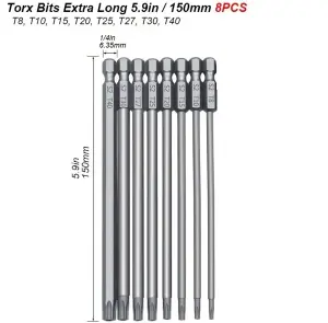 GOBEST extra long 150mm torx tamperproof screwdriver bits set 8pcs T8-T40