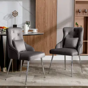 Set of 4 Grey Lux Velvet Upholstered Dining Chairs with Cushion Kitchen Chairs