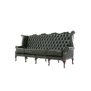 Chesterfield 4 Seater Flat Wing High Back Antique Green Real Leather Sofa In Queen Anne Style