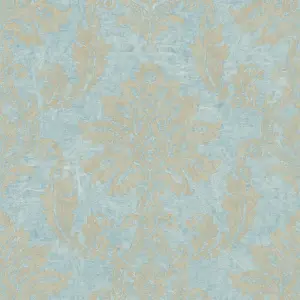 Grandeco Capri  Damask Distressed Italian Plaster Wallpaper, Teal