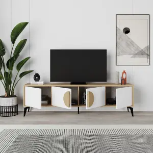 Decortie Gora Modern TV Unit Oak, White 180(W)cm with 4 Doors Storage TV Cabinet Entertainment Metal Legs