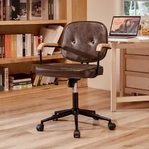 Brown PU Leather Ergonomic Office Chair with Wood Armrests