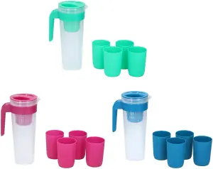 Blue Plastic Jug Pitcher Set 1Litre Coloured Lid with 4x Cups For Water Fridge Picnic