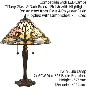 Tiffany Glass Table Lamp Light Dark Bronze & Rich Cream Dragonfly Shade i00169