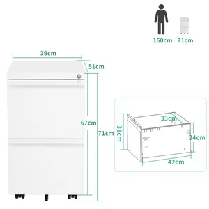 39cm Wide 2 -Drawer Mobile Steel File Cabinet White