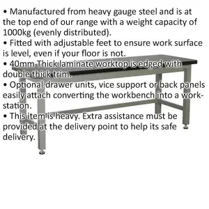 Heavy Duty Steel Industrial Workbench with Adjustable Feet and Laminate Worktop