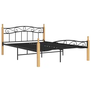 Berkfield Bed Frame Black Metal and Solid Oak Wood 140x200 cm