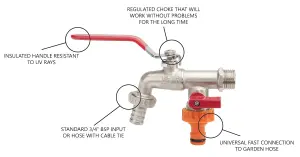 Invena Double Duo Outlet Garden Tap Ball Valve Faucet Red Handle 1/2" x 3/4" x 3/4" BSP