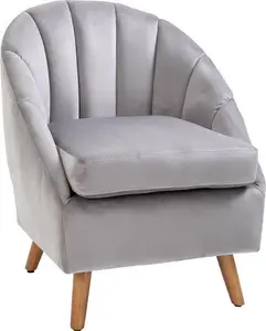 HOMCOM Accent Chair Velvet Fabric Single Sofa Armchair Home Living Room Solid Wood Leg Upholstered Side Armchair Grey