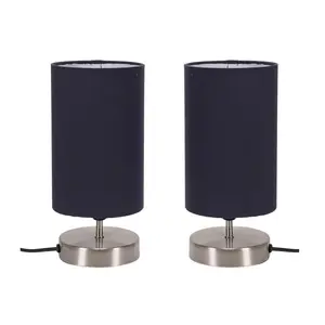 Romica Pair of Touch Table Lamps with Fabric Shades Brushed Chrome / Navy / No