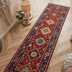 Persian Red Traditional Geometric Bordered Wool Rug for Living Room & Bedroom-80cm X 150cm