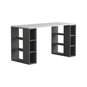 Simone Modern Desk with Built-in Bookcase – Stylish Workspace Desk with 6 Open Shelves Anthracite / White