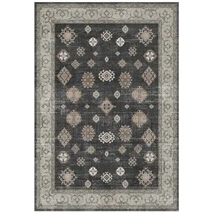 Black Bordered Floral Rug For Bedroom, & Living Room, 7mm Thick Stain-Resistant Traditional Rug - 160cm X 230cm