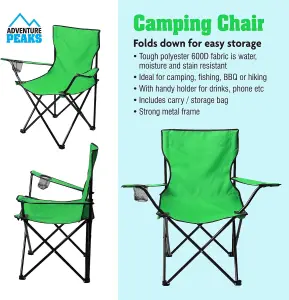 Set of 2 GREEN Folding Camping Chair With Armrest, Drink Holder & Carry Bag