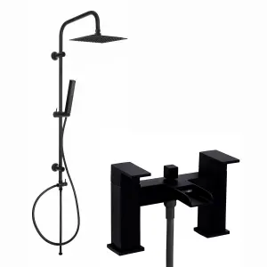 ENKI, Plaza, BBT0160, Matt Black Square Waterfall Bath Shower Mixer Tap with Rigid Riser Shower Rail Kit