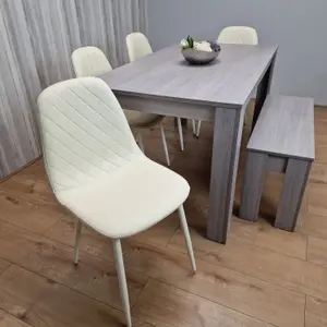 Dining Table Set In Grey, 4 Diamond-Pattern Cream Chairs, and 1 Bench. Kitchen Dining Table for 4