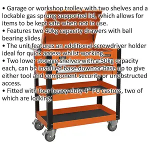 Professional Heavy Duty Tool & Parts Trolley with Lockable Lid - 925mm x 440mm x 900mm - Orange