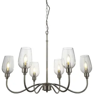 Multi Arm Hanging Ceiling Pendant Light - Bright Nickel Plate & Clear Glass Shade - 6 x 6W LED E14