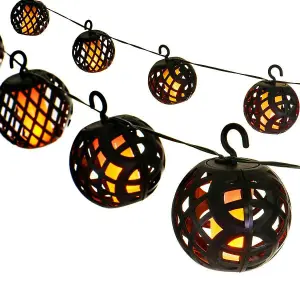 8pc Solar Rattan Ball Flame Effect LED String Hanging Lights - No Wires Or Cables Are Needed - Auto Light Control