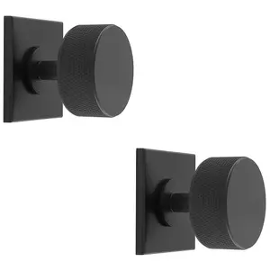 2 PACK - Knurled Radio Cabinet Door Knob & Matching Backplate - Matt Black 40 x 40mm