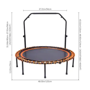 48in Bungee Cords Foldable Round Trampoline with Adjustable U-Handle Bar in Orange for Indoor Outdoor