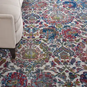 Ivory Blue Traditional Easy to Clean Floral Dining Room Bedroom And Living Room Rug-71 X 244cm (Runner)