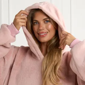 Faux Fur Hoodie Blanket Supersoft Oversized Fleece Wearable Throw, Blush