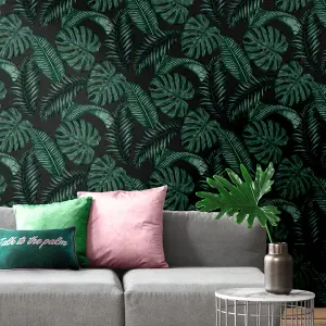 Skinny Dip Black & Green Floral Pearl effect Embossed Wallpaper