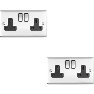 2 PACK 2 Gang Double UK Plug Socket SATIN STEEL & Black 13A Switched Outlet