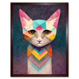 Geometric Colourful Multicoloured Pastel Cat - Painting Brown Framed Paper / 25.9cm H x 20.6cm W