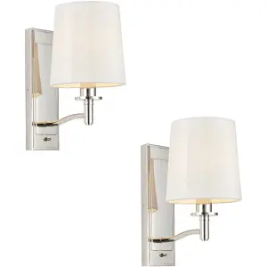 2 PACK Bright Nickel Indoor Wall Light Fitting & Vintage White Fabric Shade