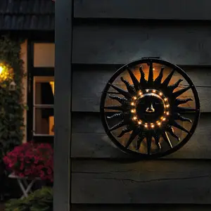 Solar Powered LED Light Up Sun Ornament - Weatherproof Outdoor Garden Celestial Wall or Fence Decoration - H40 x W40 x D3.5cm