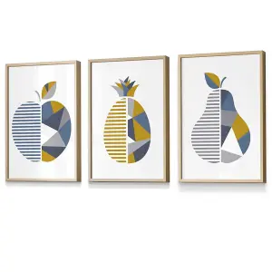 Set of 3 Geometric Fruit Apple Blue Yellow Wall Art Prints / 30x42cm (A3) / Oak Frame