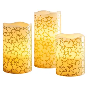 Set of 3 Glittery Gold Star Real Wax LED Candles - Battery Powered Faux Flameless Pillar Candle Lights - H10, 12.5 & 15cm