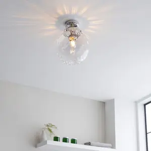 Decorative Flush Bathroom Ceiling Light Fitting - Clear Glass Dimpled Shade