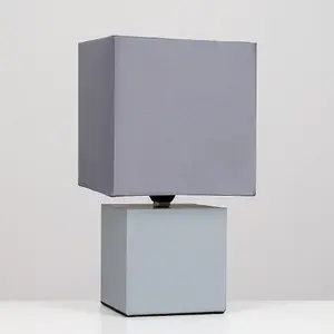 ValueLights Cubbie 2 x Grey Cube Design Touch Dimmer Bedside Table Lamps with Grey Shades and 5w Dimmable LED Candle Bulb