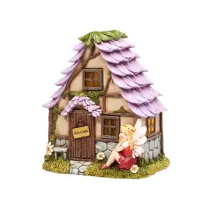 Solar Powered Flower Lodge Fairy House - Hand Painted Indoor Outdoor Home Garden Novelty Ornament with 2 LED Lighting Effects