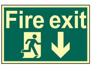 Photoluminescent Fire Exit Running Man Arrow Down Sign 300 x 200mm