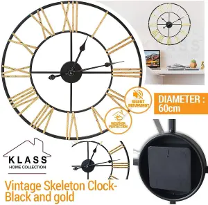 60cm Black & Gold Metal Roman Numerals Large Analog Wall Clock Indoor & Outdoor, Silent Non-Ticking